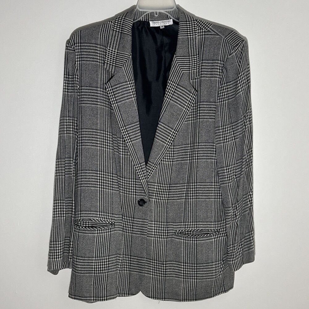 Vintage Cross Country Fashions Gray Glen Plaid Oversized Blazer Jacket Size 16